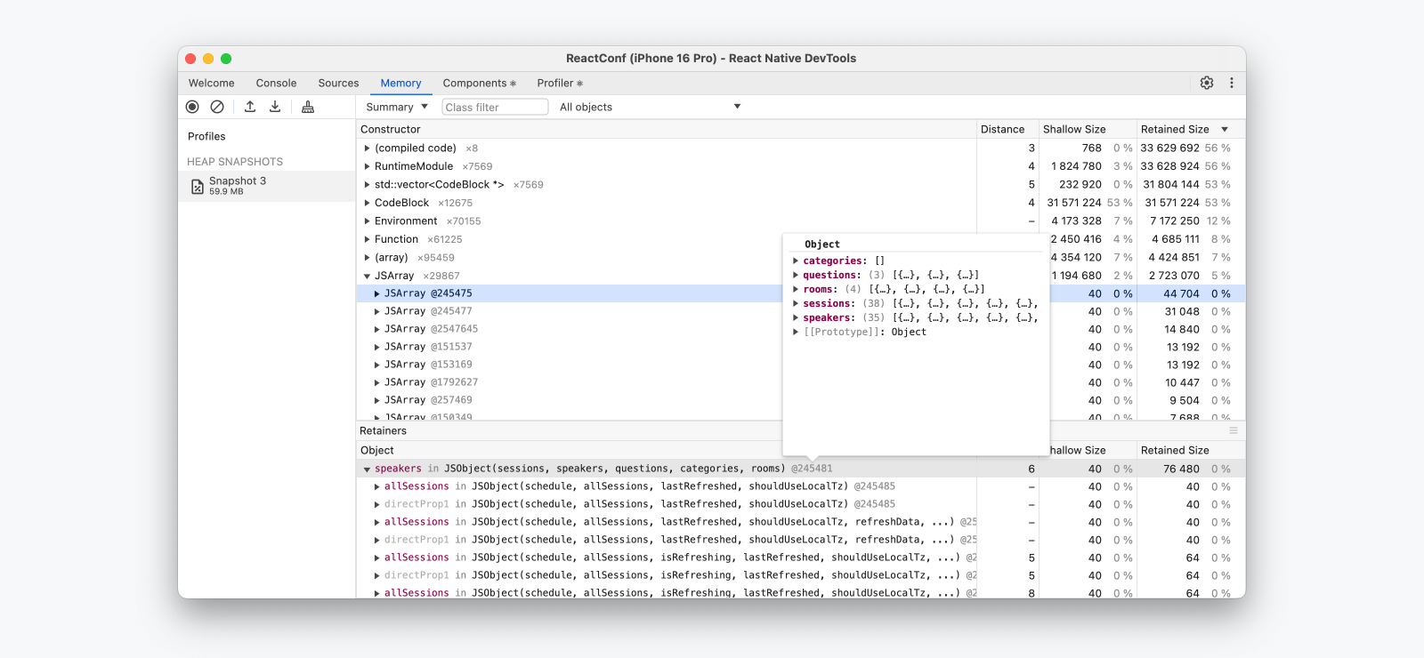 Inspecting a heap snapshot in the Memory panel