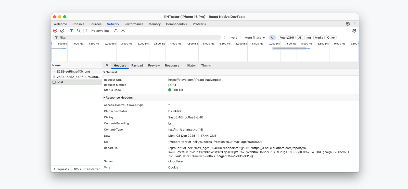 A network request in the React Native DevTools Network panel