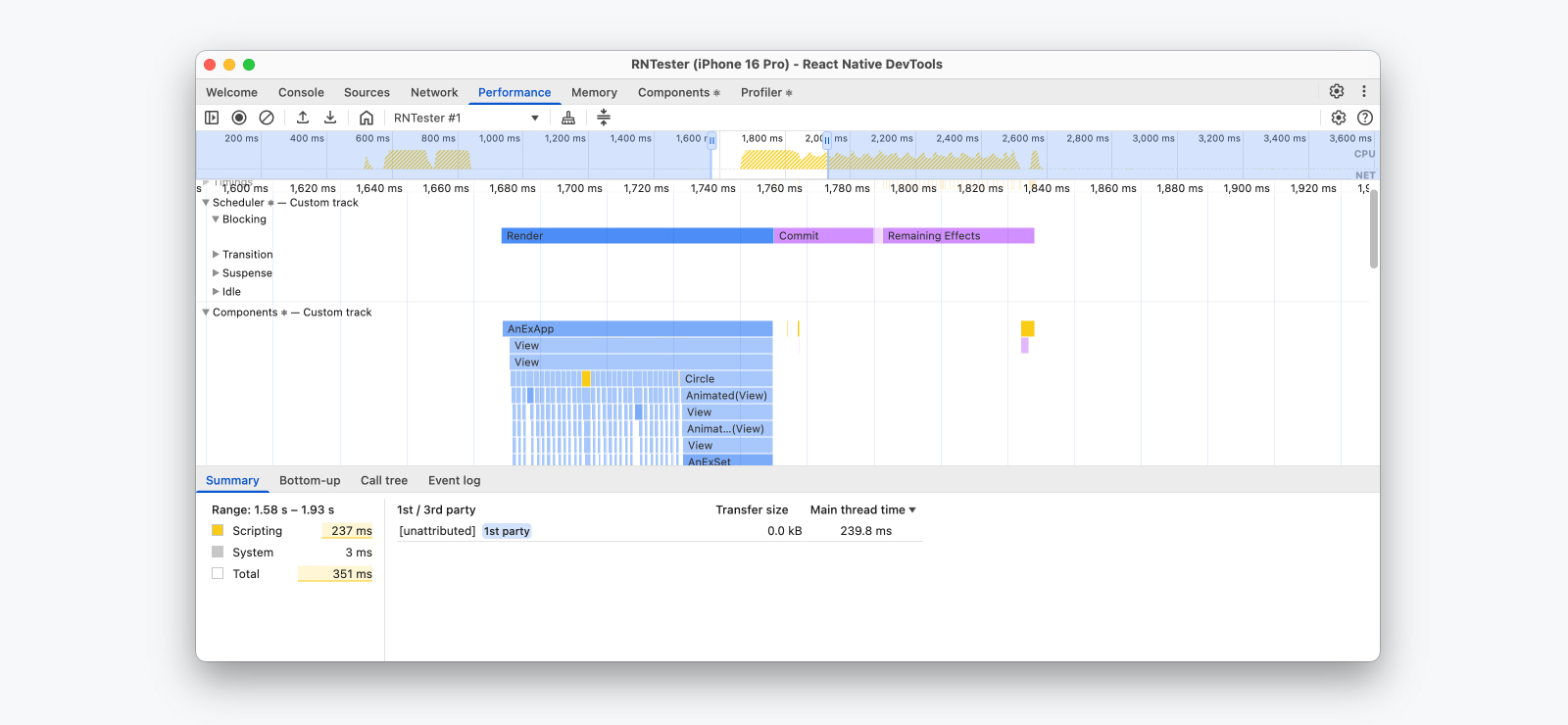 A performance trace in the React Native DevTools Performance panel