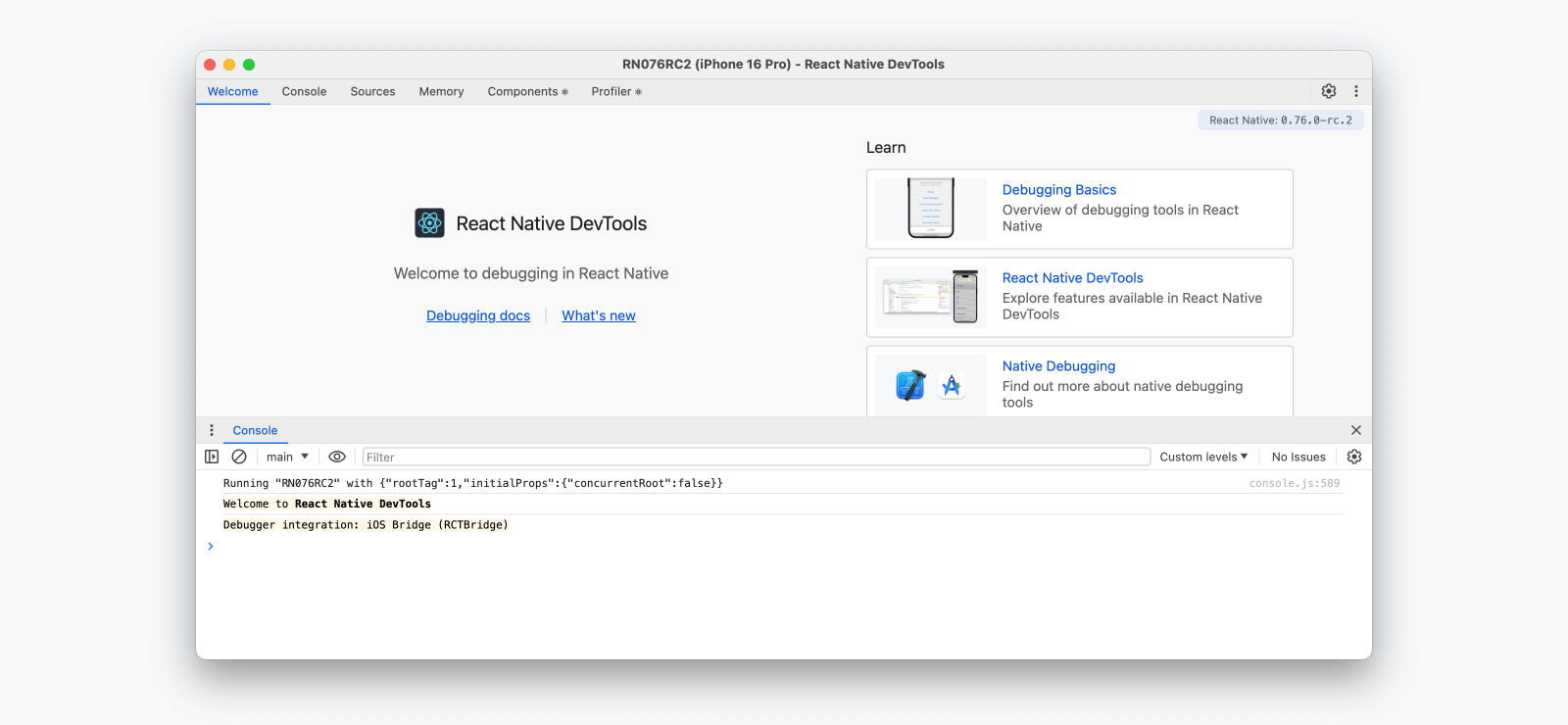 React Native DevTools opened to the &quot;Welcome&quot; pane